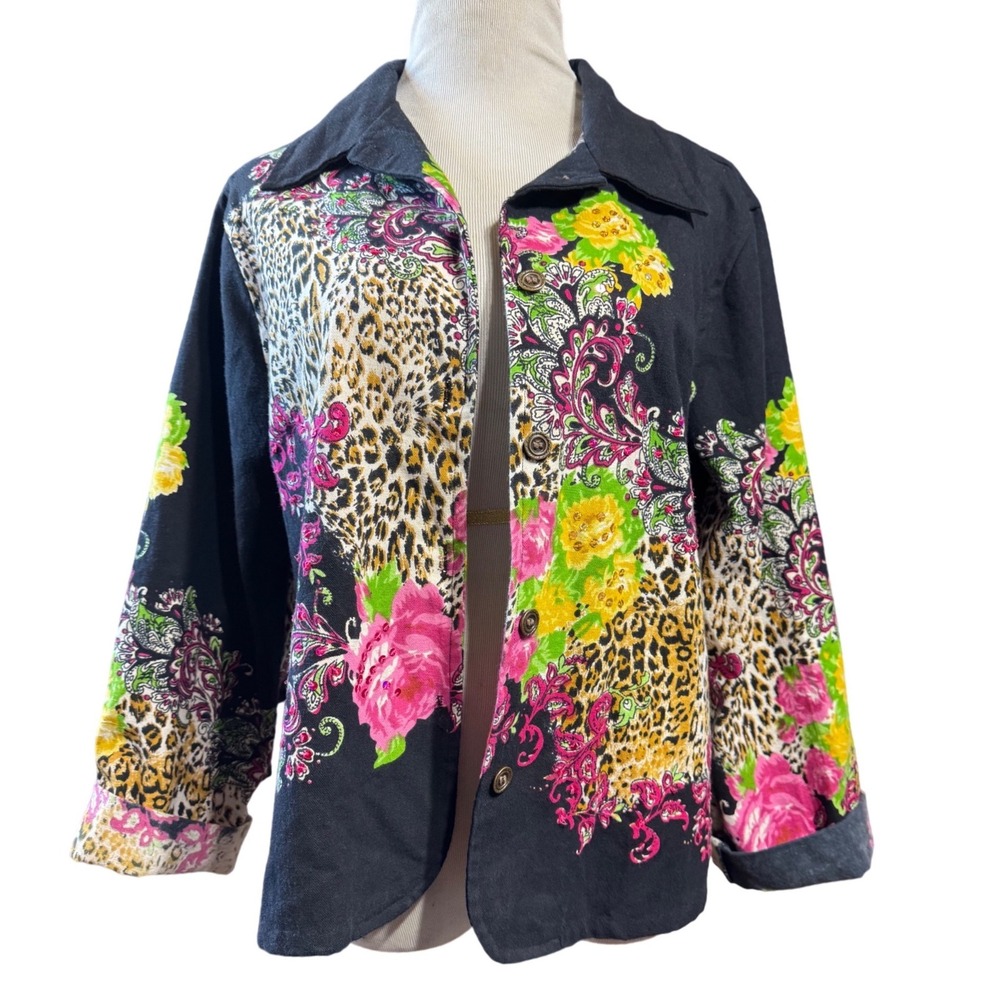 Gaudy Couture Jacket Womens XL Leopard Floral Print Cotton Black Multicolor